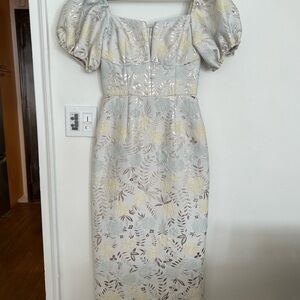 NWT Markarian Yvette Ivory Brocade Puff Sleeve Dress Size 2